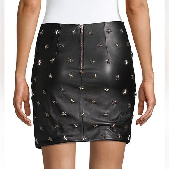 Alice + Olivia Fidela Black Silver Stars Stud Drape 100% Leather Mini Skirt 0 - Picture 3 of 9